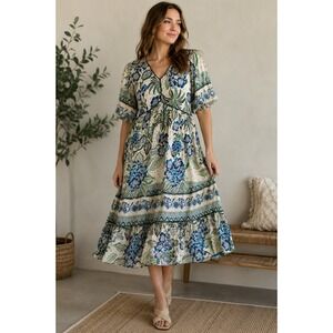 Fig + Flower Midi Dress M White Blue Floral Puff Sleeve Tiered Boho Summer